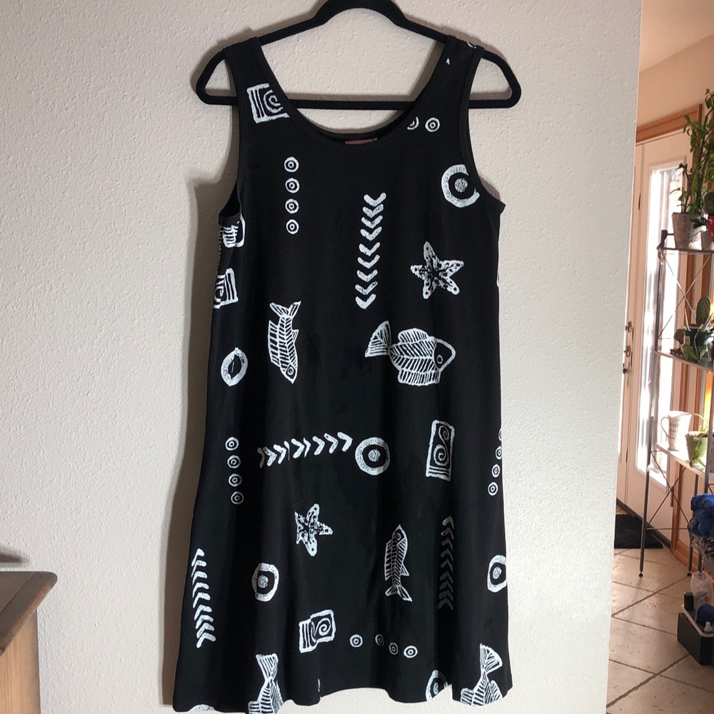 Vintage Black Tank Dress with White Nautical Print, Size S